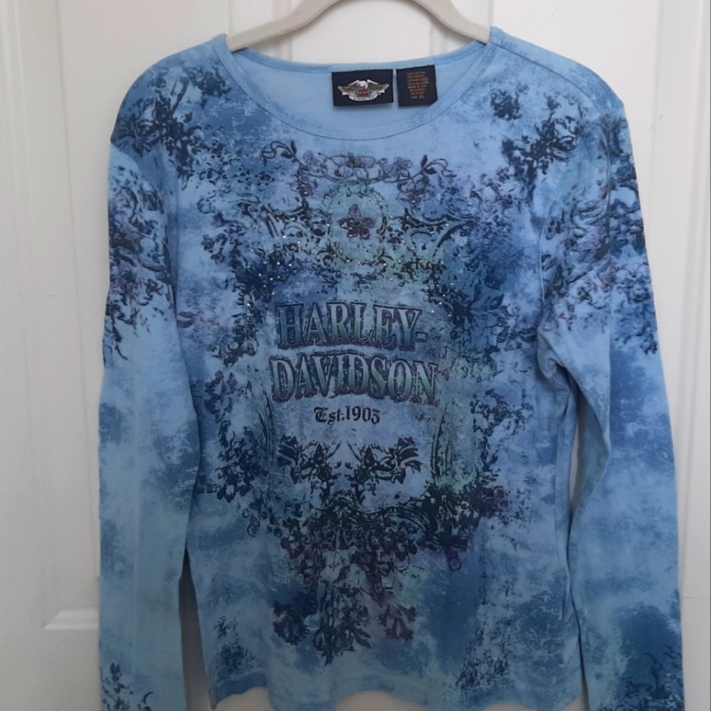 Harley-Davidson long sleeve women's tee shirt, NWOT, shades of blue
